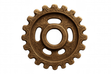 Close-up of a rotating ornate brass gear with a transparent background, ideal for industrial or steampunk designs