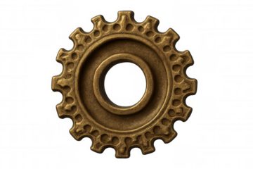 Golden gear rotating on transparent background, symbolizing industrial progress, engineering, and innovation