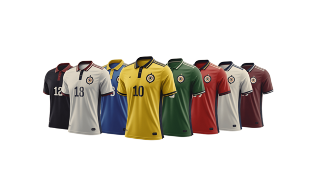 Variety of soccer jerseys in a row.