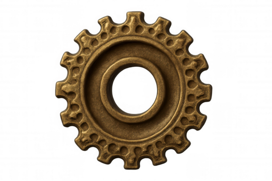 Golden gear rotating on transparent background, symbolizing industrial progress, engineering, and innovation