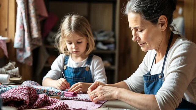 A senior caucasian woman and a young girl work together on sewing projects at a table filled with colorful fabrics and sewing supplies.