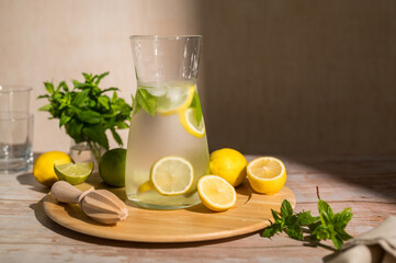 Lemonade with lemons, limes and fresh mint. Refreshing, homemade lemonade. Copy space