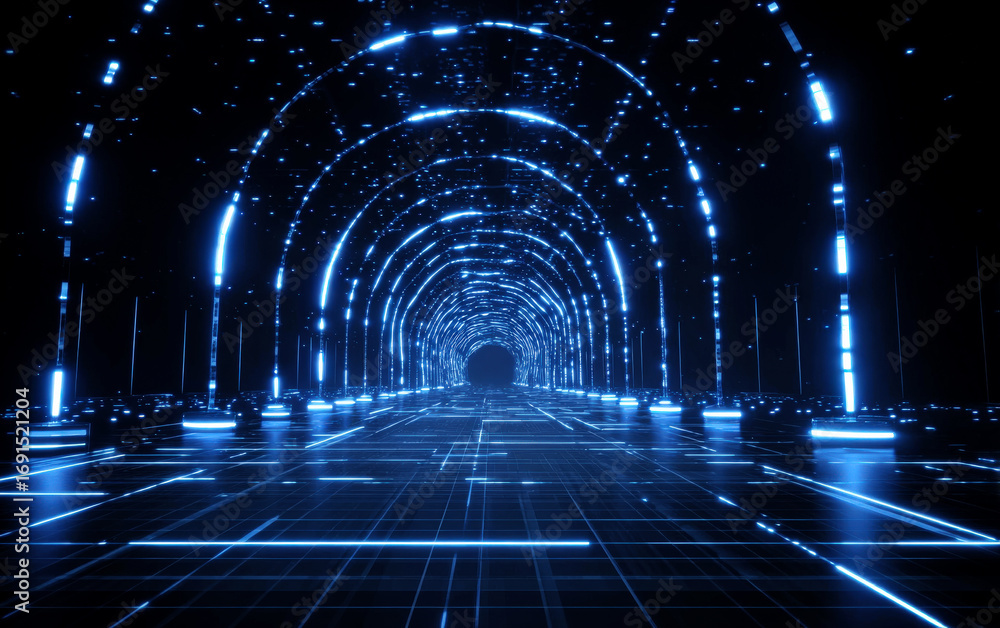 Poster futuristic blue tunnel with glowing lines and arch structures