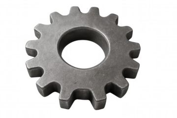 Close-up of a rotating metal gear on a transparent background, symbolizing industrial processes and engineering