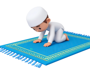 Young Muslim boy in prayer, kneeling on a blue rug, seeking spiritual connection and peace