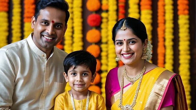 A happy indian family poses together. The father is a young man with black hair, the mother is a young woman with black hair, and they have a young boy with black hair. They wear traditional attire in