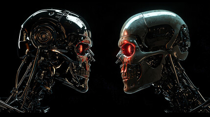 Futuristic scene featuring two robotic skulls facing each other, showcasing intricate details and glowing red eyes against black background
