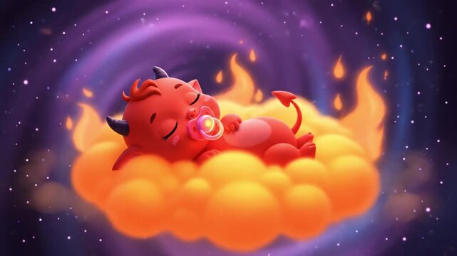 cute baby devil sleeping on fiery cloud