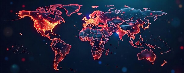Global communication network visualized as interconnected glowing nodes on a dark background, representing international collaboration and data transfer ,  electricity,  cosmos,  globe