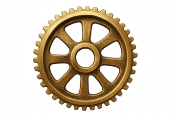 Golden metallic gear rotating on transparent background, symbolizing industrial progress and steampunk aesthetics