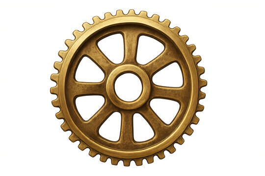 Golden metallic gear rotating on transparent background, symbolizing industrial progress and steampunk aesthetics
