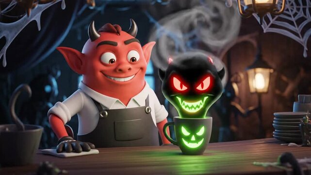 cartoon devil enjoys glowing green spooky mug