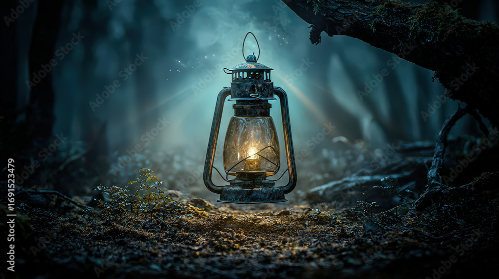 Poster magical lantern glowing softly in misty forest, casting enchanting light on surrounding foliage, cre