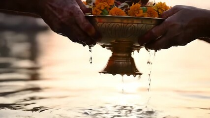 Spiritual offering of holy water and flowers to the Sun God during the traditional Indian festival of Chhath Puja