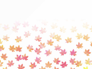 モミジの紅葉イメージの背景素材。水彩風テクスチャー。葉っぱのシルエット。かわいい色調。光の粒子や水滴の輝き。コピースペース