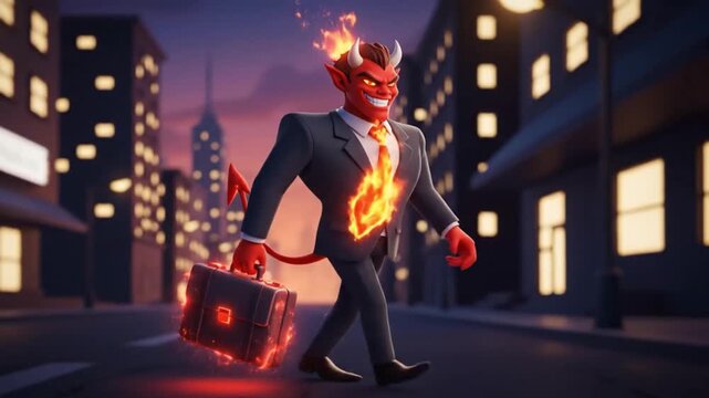 devil businessman walking city street at night