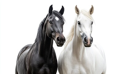 Obraz premium Two noble horses white and black standing still against.
