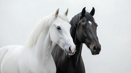 Obraz premium Two noble horses white and black standing still against.