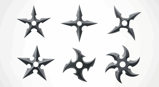 Collection of six throwing stars, or shuriken, weapons, on a light background, representing martial arts and combat
