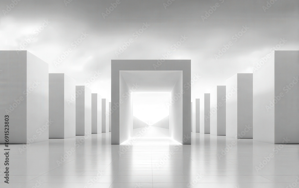 Poster minimalist white room with rectangular structures and a bright center