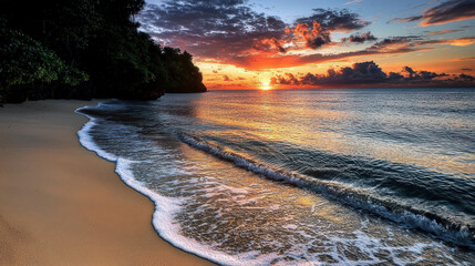 Naklejka premium Breathtaking sunset over tranquil shoreline, where gentle waves caress sandy beach, creating serene atmosphere