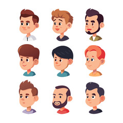Collection of profile portraits or heads of male cartoon characters with various hairstyles and costumes isolated on white background. Set of avatars. ... See More
