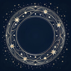 Elegant round Christmas frame of thin silver lines and stars, dark background with copy space.