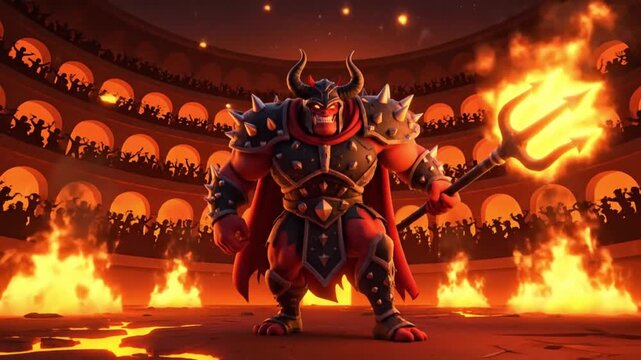 powerful demon lord stands in fiery arena with cheering crowd
