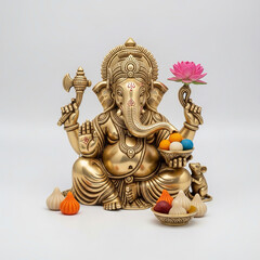 Lord Ganesha idol with lotus and modaks on a plain white background