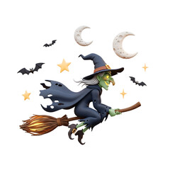 Fototapeta premium Wicked witch flying on broomstick with stars and moon isolated on white background - Halloween Witch Flying on Broom