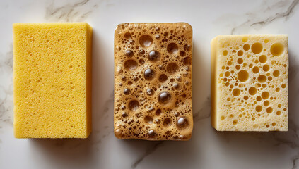 Three different types of cleaning sponges arranged in a row on a textured surface