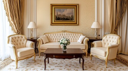 A luxurious living room featuring elegant furniture, soft colors, and tasteful decor, creating a warm and inviting atmosphere.