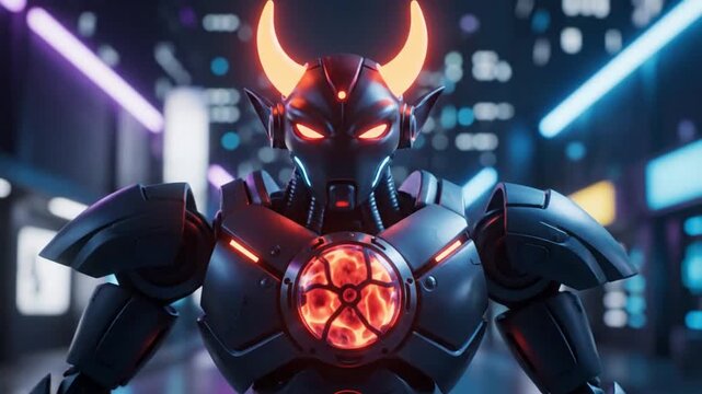 demonic cyborg robot with glowing horns in cyber city
