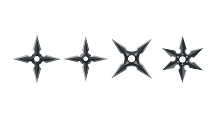 Fototapeta premium Set of four realistic metallic shuriken throwing stars, ancient ninja weaponry illustration isolated on white background