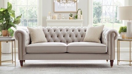 Fototapeta premium A stylish, tufted beige sofa with decorative pillows, set in a bright, elegant living room with green plants and a cozy atmosphere.