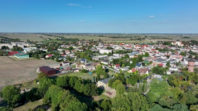 Aerial Strzelno Poland city center landscape. Central north Poland. German occupation World War II. Farm rural area. Historical trade and religious center. Historic buildings rural village.