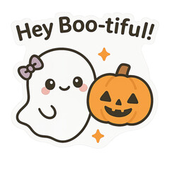 Cute transparent Halloween clipart PNG featuring smiling ghost with bow and jack o lantern pumpkin with happy expression, Cartoon Chibi Style.