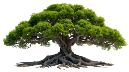 Majestic old growth tree with vibrant green leaves and sprawling roots, perfect for nature themes