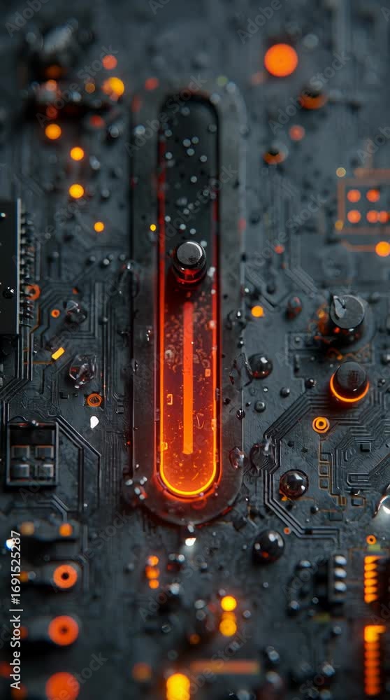 Poster illuminated circuit board with glowing elements and water droplets creates a striking visual display