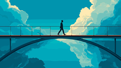 A person confidently walking forward on a bridge, with a vibrant, colorful sky and large sun in the background. The scene symbolizes progress, self-assurance, and the anticipation of new horizons. The