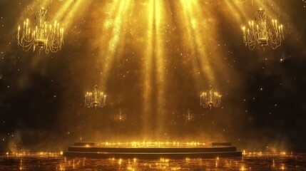Golden event space with chandeliers