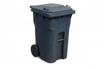 Studio shot of a dark grey plastic wheeled trash can with attached lid, isolated on transparent background