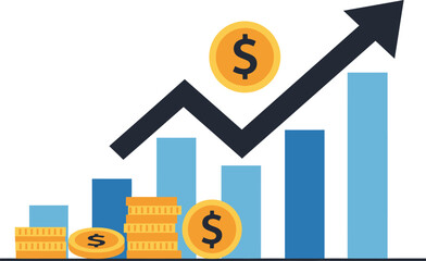 Ascending Arrow Over Blue Bar Graph with Golden Coins Representing Financial Growth.
