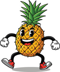 Retro 80s Cartoon Pineapple Character with Googly Eyes White Gloves and Red Sneakers.