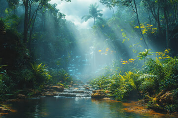 Sunlight shimmers on a jungle river.