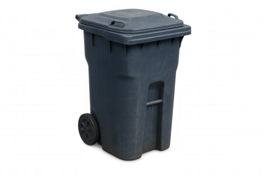 Studio shot of a dark grey plastic wheeled trash can with attached lid, isolated on transparent background
