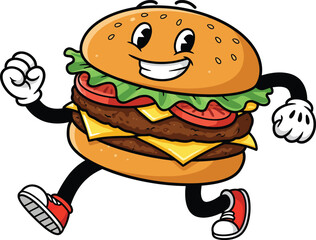 Joyful Cartoon Burger Character Running in Red Sneakers.