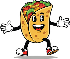 Joyful Cartoon Burrito Character Running with Filling Visible.
