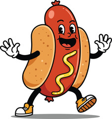 Joyful Cartoon Hot Dog Character Walking with Mustard.