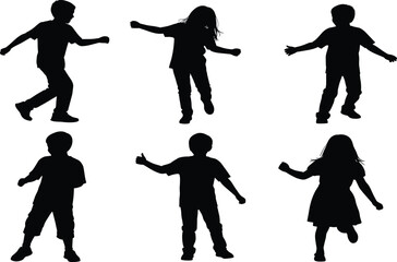 Silhouette kids playing, children dancing illustration, happy active boys and girls, childhood fun vector, playful movement, energetic children, outdoor activity concept, isolated graphic